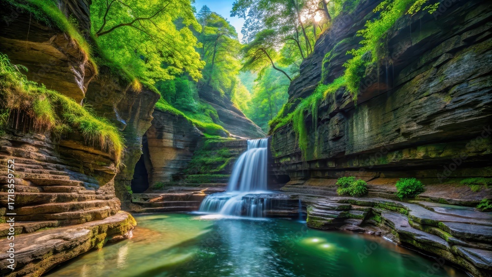Fototapeta premium Serene Waterfall Cascading Through Lush Green Gorge, Sunlight Illuminating Mossy Stone Walls
