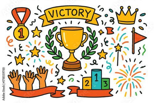 Victory Celebration Icons. Victory. Colorful Hand-drawn doodle Children illustration Victory trophy, medal, laurel wreath, star, crown, ribbon, flag, confetti,