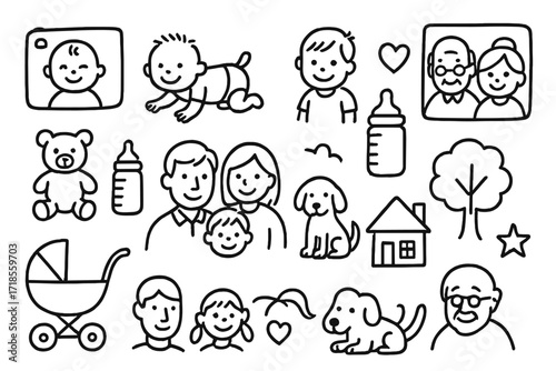 Nostalgic Family Doodles. Hand-drawn doodle illustration Childhood family photos baby, toddler, toys, stroller, bottle, smiling faces, parents, grandparents,