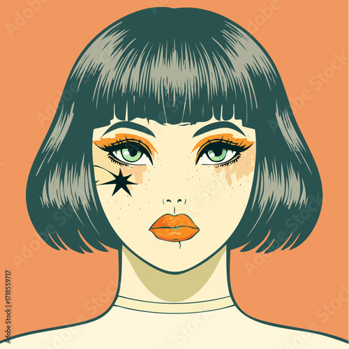 pop-art teen doll with halftone cheeks and magenta backdrop – playful retro svg vector