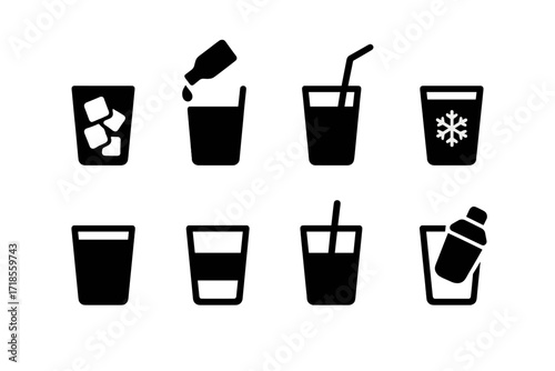 Highball Icons Collection. Solid, filled icon set of highball serving styles: on the rocks, neat pour, with straw, chilled glass, filled to rim, layered drink,