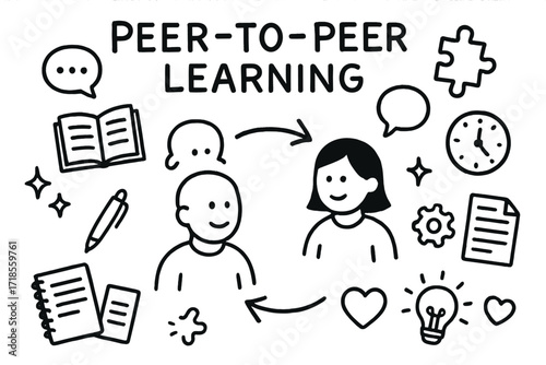 Peer Learning Doodles. Hand-drawn doodle illustration Peer-to-peer learning [two figures, book, notebook, pen, chat bubble, puzzle piece, arrow, star, sparkle,