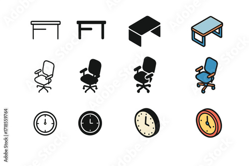 Minimalist Office Icons. Icon Set of Minimalist Office: Desk, Ergonomic chair, Wall clock. Icons set in vector style, emblematic variations. Desk line, Desk