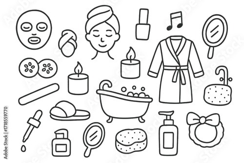 Home Spa Essentials. Hand-drawn doodle illustration [Arranging a spa day at home with face masks and nail polish] [face mask, nail polish bottle, towel wrap,