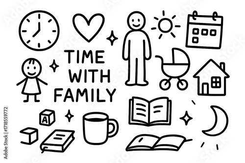 Family Time Doodles. Hand-drawn doodle illustration Time with family [clock, heart, child figure, parent figure, stroller, toy block, house, book, notebook,