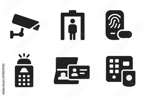 Security Tool Icons. Solid, filled icon set of bouncer tools and technology: CCTV camera, metal detector, body scanner, fingerprint reader, alarm system, ID