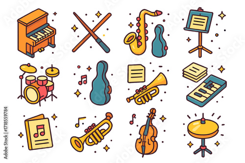 Colorful Music Instruments Icons. Colorful isometric vector icons set of musical instruments in theater: upright piano, conductor?s baton, violin