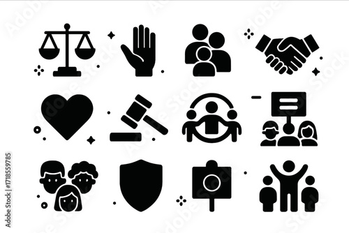 Icons of Fairness. Fairness. Solid icons set of balanced scale, open hand, group of people, handshake, heart, justice hammer, inclusive circle, equality