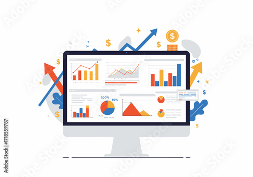 A Digital Marketing Analytics Dashboard with Diverse Statistical Charts and Growth Trends on a Computer Screen