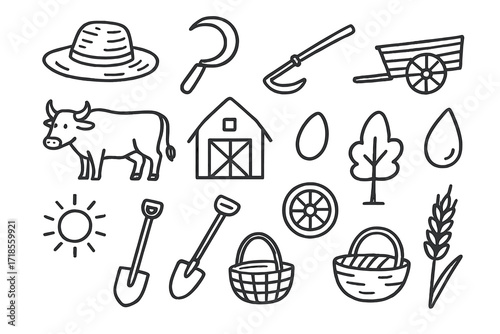 Agricultural Heritage Icons. Hand-drawn doodle illustration Agricultural heritage farmer hat, sickle, plow, ox, cart, barn, seed, water droplet, sun, tree,