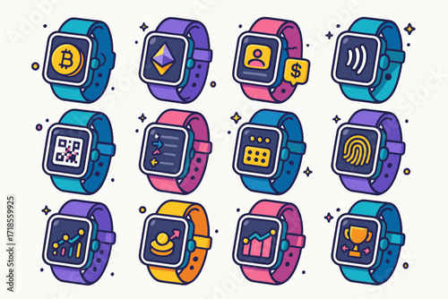 Smartwatch Crypto Icons. Colorful isometric vector icons set of smartwatches with crypto wallet features: Bitcoin payment via smartwatch, ETH price ticker,