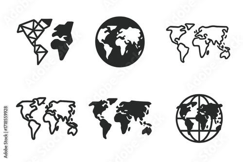 World Map Logos. Tourism. Set Logo of Tourism: World map. harmonious logo variations of the same emblematic concept, each with different artistic