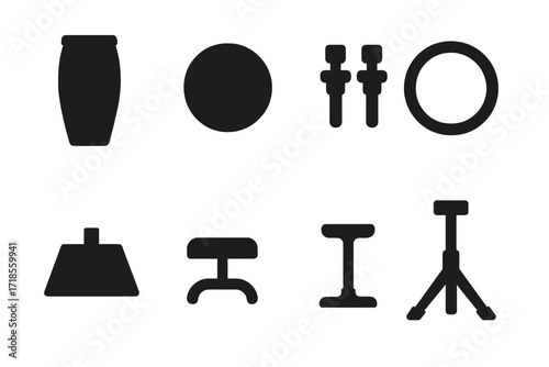 Conga Drum Icons. Solid, filled icon set of conga components: drum shell, drumhead, tuning lugs, tension rods, drum hoop, mounting bracket, footrest, drum