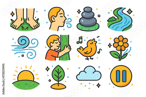 Nature Icon Harmony. Colorful isometric vector icons set of nature mindfulness and grounding: bare feet on grass, deep breath icon, meditation stone stack,