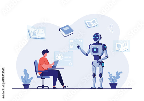 A Person Learning with the Assistance of an AI Robot, Showing Advanced Interaction and Knowledge Access