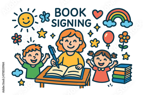 Joyful Book Signing. Colorful Hand-drawn doodle Children illustration Book Signing open book, pen, author, children smiling, table, stack of books, star,