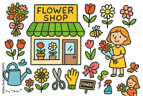 Colorful Flower Shop. Colorful Hand-drawn doodle Children illustration Flower shop storefront bouquet, rose, tulip, daisy, sunflower, watering can, flower pot,