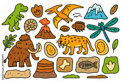 Prehistoric Doodle Adventure. Colorful Hand-drawn doodle Children illustration Prehistoric life [dinosaur, mammoth, saber-tooth tiger, trilobite, ammonite,