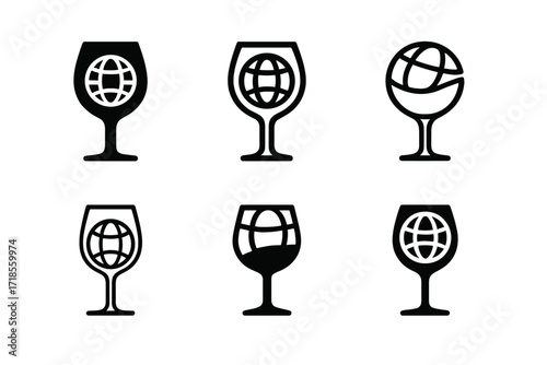 Culinary Tourism Logos. Culinary tourism and destination dining. Set Logo of culinary tourism and destination dining: wine glass and globe. harmonious logo