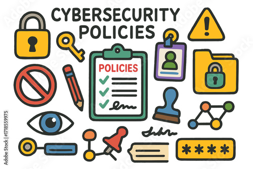 Cybersecurity Doodle Icons. Colorful Hand-drawn doodle Children illustration Cybersecurity Policies document, lock, key, clipboard, checklist, no-entry sign,
