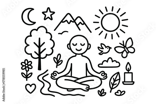 Meditative Nature Doodles. Hand-drawn doodle illustration nature meditation lotus pose, tree, mountain, river, sun, moon, star, flower, leaf, bird, butterfly,