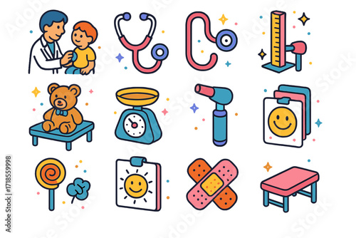 Pediatric Icons Set. Colorful isometric vector icons set of pediatric physical examination: pediatrician with child, colorful stethoscope, teddy bear on table,