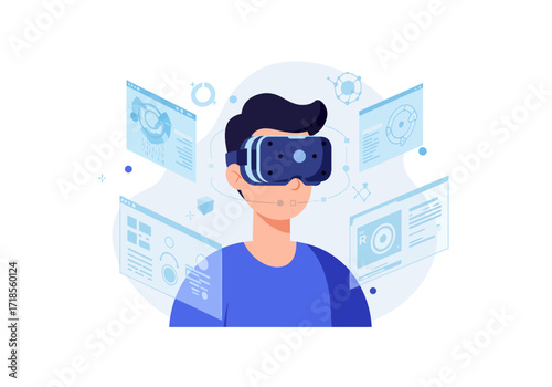 A Person Experiencing a Virtual Reality Simulation with Multiple Digital Interface Screens Around Them