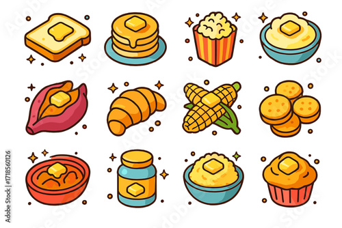 Butter-Themed Food Icons. Colorful isometric vector icons set of butter-themed foods: buttered toast, pancakes with butter, popcorn with butter, mashed