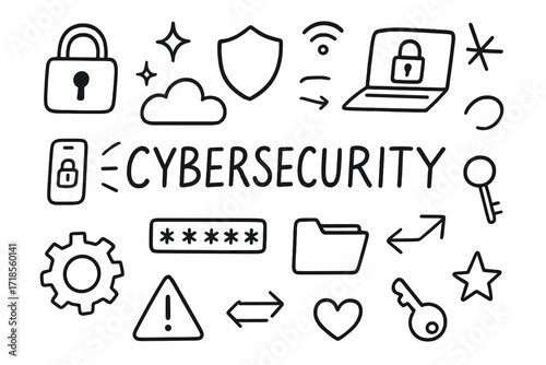 Cybersecurity Doodle Icons. Hand-drawn doodle illustration Cybersecurity at work [lock, shield, laptop, smartphone, wifi symbol, cloud, password dots, gear,