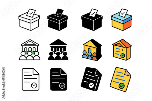 Democratic Participation Icons. Icon Set of Democratic Participation: Voting box, Town hall meeting, Petition form. Icons set in vector style, emblematic