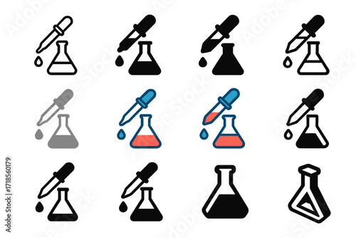 Flask Logo Variations. Set Logo of Flasks: Flask and pipette icon. Logo set in vector style, emblematic variations. line, bold thick line, solid black filled,