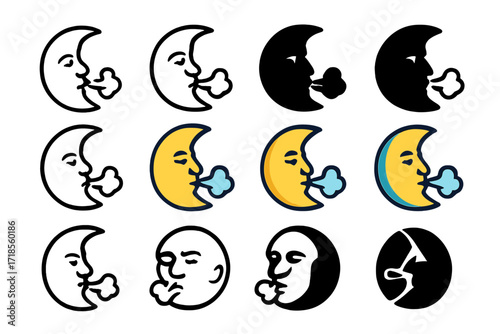 Deep Sigh Logos. Set Logo of Deep Sigh: Moon with exhale. Logo set in vector style, emblematic variations. line, bold thick line, solid black filled, solid
