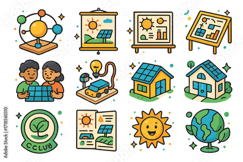 Solar Education Icon Set. Colorful isometric vector icons set of solar education and awareness: solar model kit, classroom poster, school project board, energy