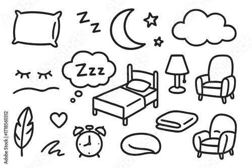 Sleep Symbols Doodle. Hand-drawn doodle illustration Sleep and rest symbols [pillow, bed, moon, stars, cloud, zzz symbol, dream bubble, closed eyes, soft