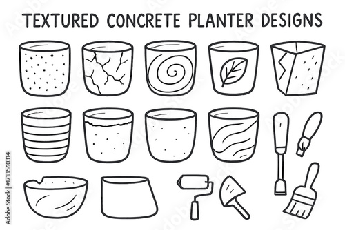 Concrete Planter Illustrations. Hand-drawn doodle illustration [Textured concrete planter designs] [speckled surface, cracked texture, spiral groove, leaf