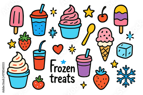 Colorful Frozen Treats. Frozen treats. Colorful Hand-drawn doodle Children illustration popsicle, ice cream, frozen yogurt, ice cube, slushie, smoothie, cup,