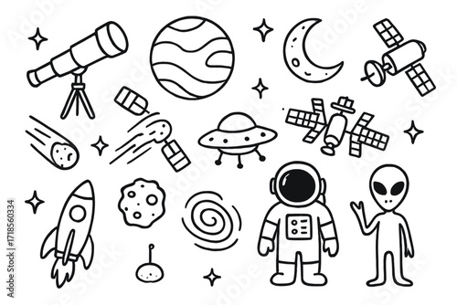 Space Exploration Doodles. Hand-drawn doodle illustration Space observation Telescope, satellite, planet, moon, star, rocket, comet, asteroid, galaxy, UFO,