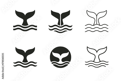 Fauna Protection Logos. Fauna protection. Set Logo of Fauna protection: whale tail above waves. harmonious logo variations of the same emblematic concept, each