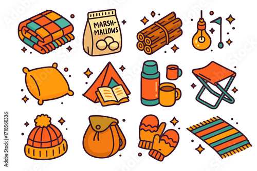 Cozy Camping Icons. Colorful isometric vector icons set of cozy camping details: fuzzy blanket, marshmallow bag, firewood bundle, hanging lightbulb, camp