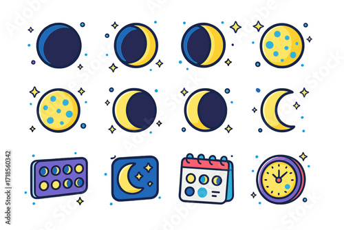 Moon Phases Icons. Colorful isometric vector icons set of Phases of the moon: new moon, waxing crescent, first quarter, waxing gibbous, full moon, waning