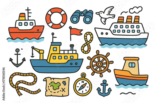 Colorful Maritime Doodle. Ships and boats. Colorful Hand-drawn doodle Children illustration ships and boats icebreaker, cruise ship, research vessel, lifebuoy,