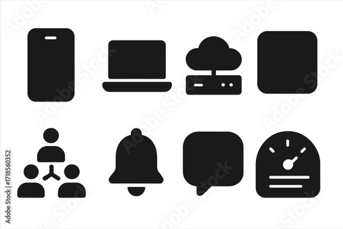 Digital Platform Icons. Solid, filled icon set of digital platforms: smartphone, laptop, cloud server, app icon, social network, notification bell, chat
