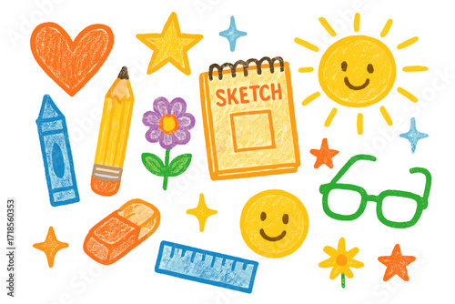 Colorful Childlike Doodles. Drawing. Colorful Hand-drawn doodle Children illustration pencil, crayon, marker, sketchbook, paper, eraser, ruler, heart, star,