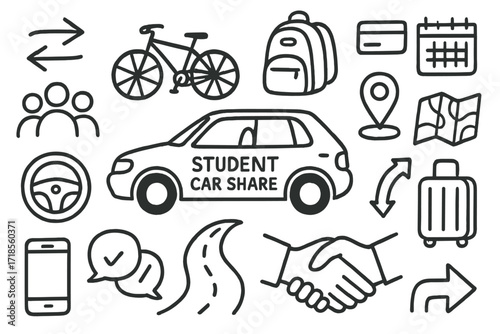 Student Travel Doodles. Hand-drawn doodle illustration student car share car, backpack, bicycle, bus, credit card, calendar, GPS pin, map, road, phone,