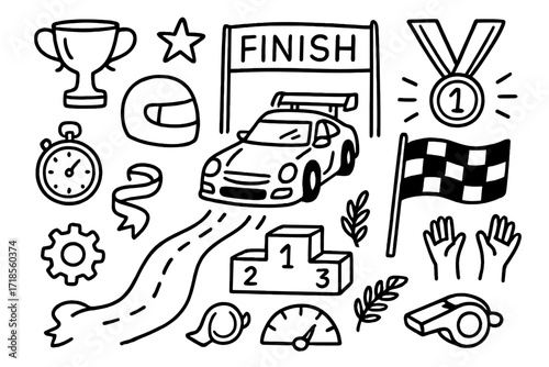 Racing Icons Doodle. Hand-drawn doodle illustration Car race finish line car, helmet, trophy, medal, stopwatch, flag, star, ribbon, cheering hands, podium,