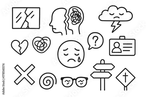 Identity Crisis Symbols. Hand-drawn doodle illustration [Identity crisis] broken mirror, split head, tangled lines, sad face, heart, lightning cloud, identity