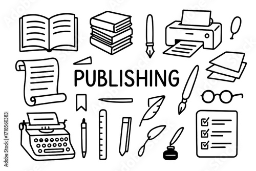 Publishing Tools Doodle. Publishing. Hand-drawn doodle illustration open book, stack of books, printer, typewriter, scroll, ink pen, paper sheets, ruler,