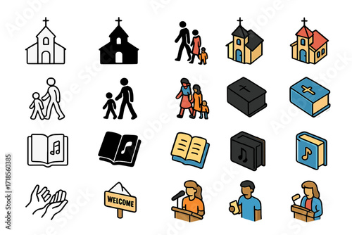 Church Icon Collection. Icon Set of Sunday Church Visit: Church Building, Family Walking In, Hymnal Book. Icons set in vector style, emblematic variations.