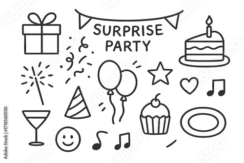 Surprise Party Icons. Hand-drawn doodle illustration Surprise party [gift box, balloons, confetti, cake, candle, party hat, banner, star, heart, drink glass,