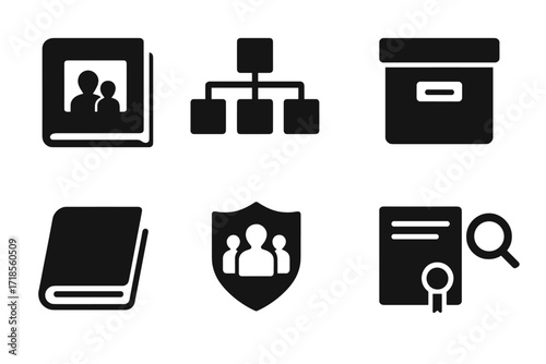 Genealogy Icon Set. Solid, filled icon set of genealogy objects: photo album, pedigree chart, archive box, magnifying glass, old book, family crest,